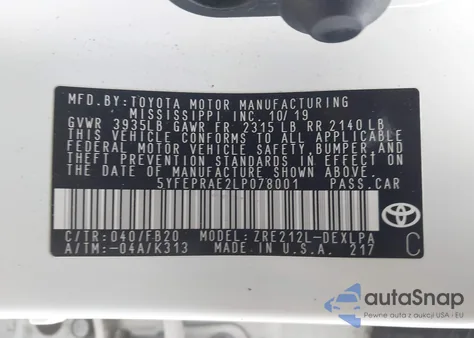 2020 Toyota Corolla Le from USA, damaged, VIN 5YFEPRAE2LP078001